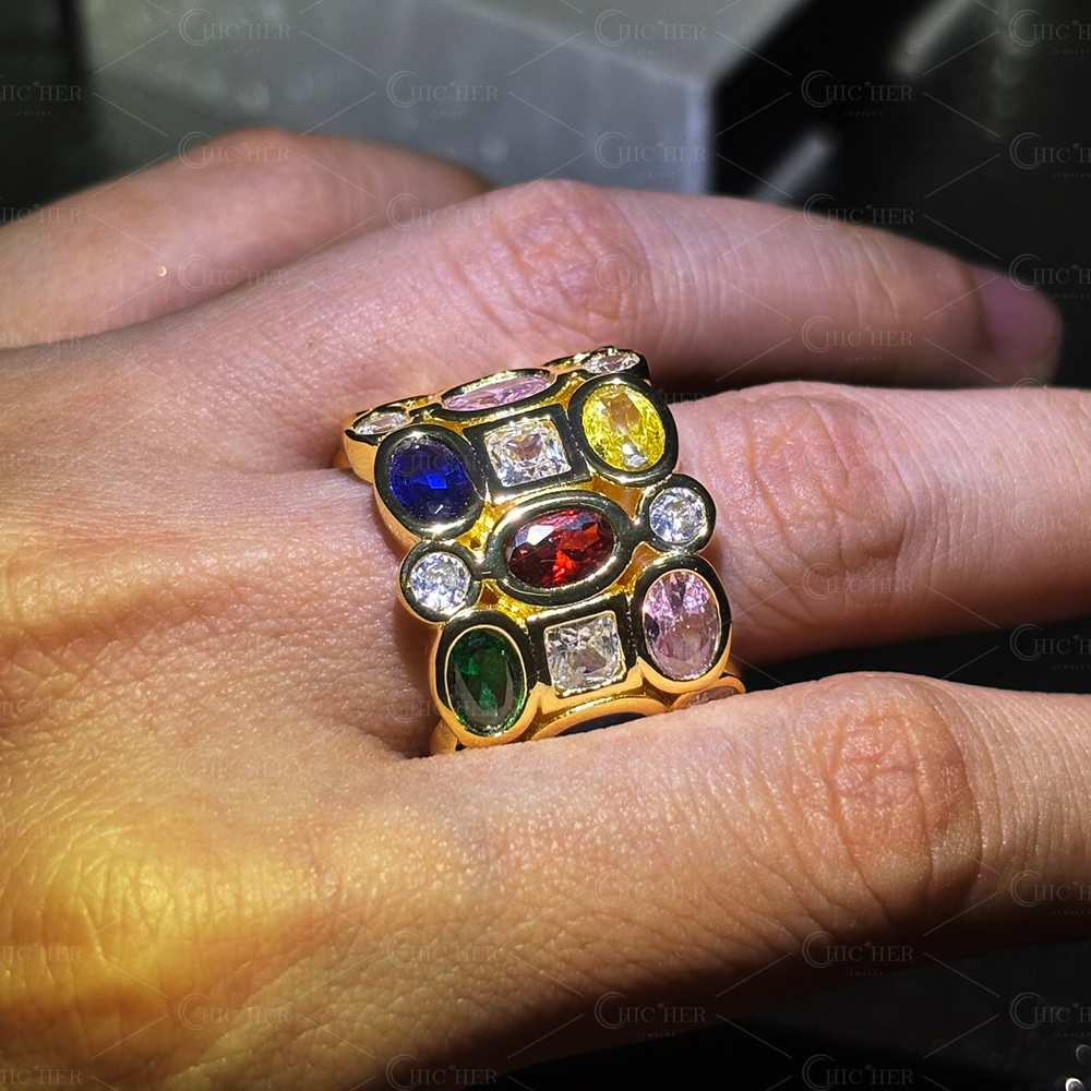 Three Row 5.85ct Rainbow Sapphire Wedding Band