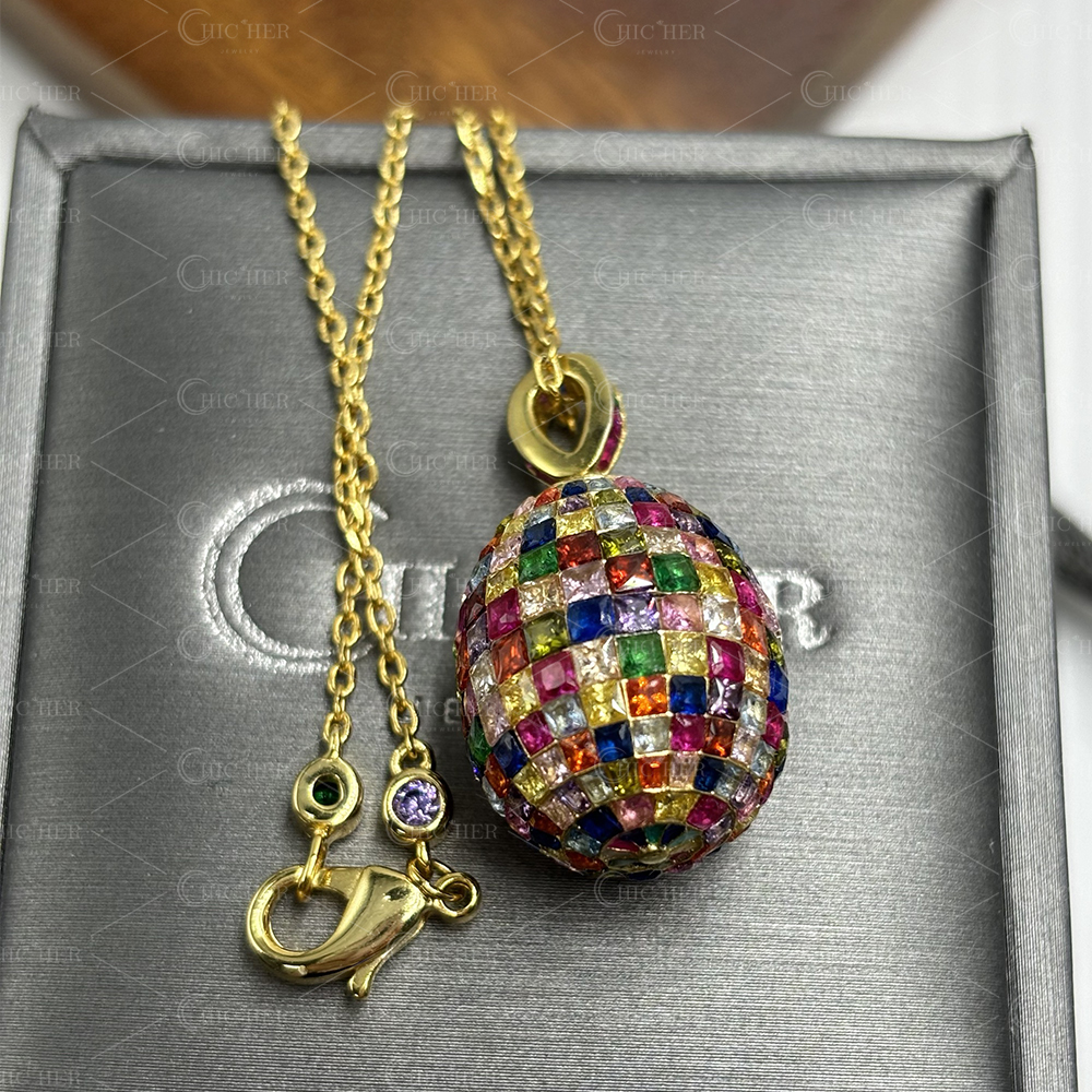 Invisible Setting Princess Cut Rainbow Egg Pendant Necklace