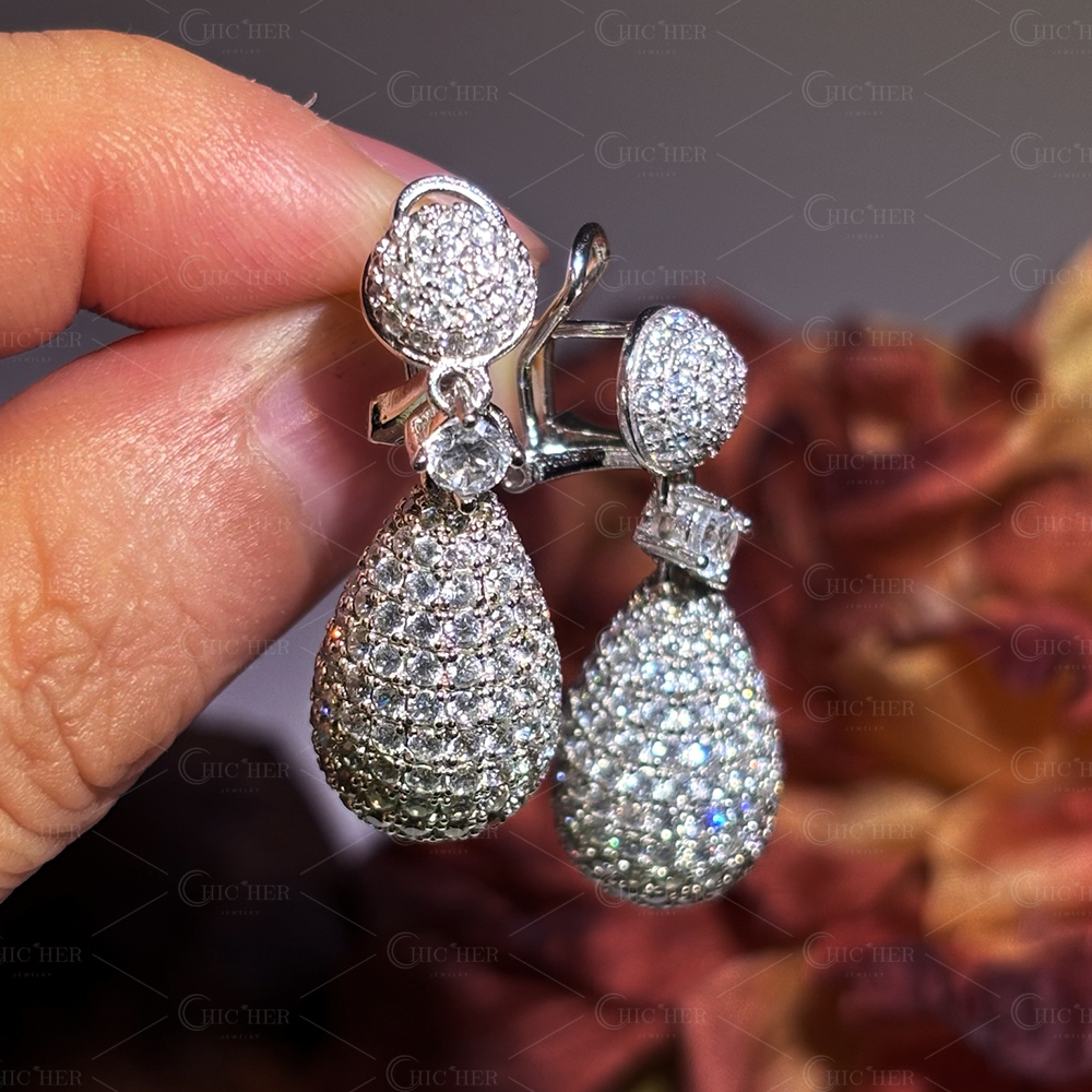 Sparkling Round Cut White Sapphire Teardrop Earrings