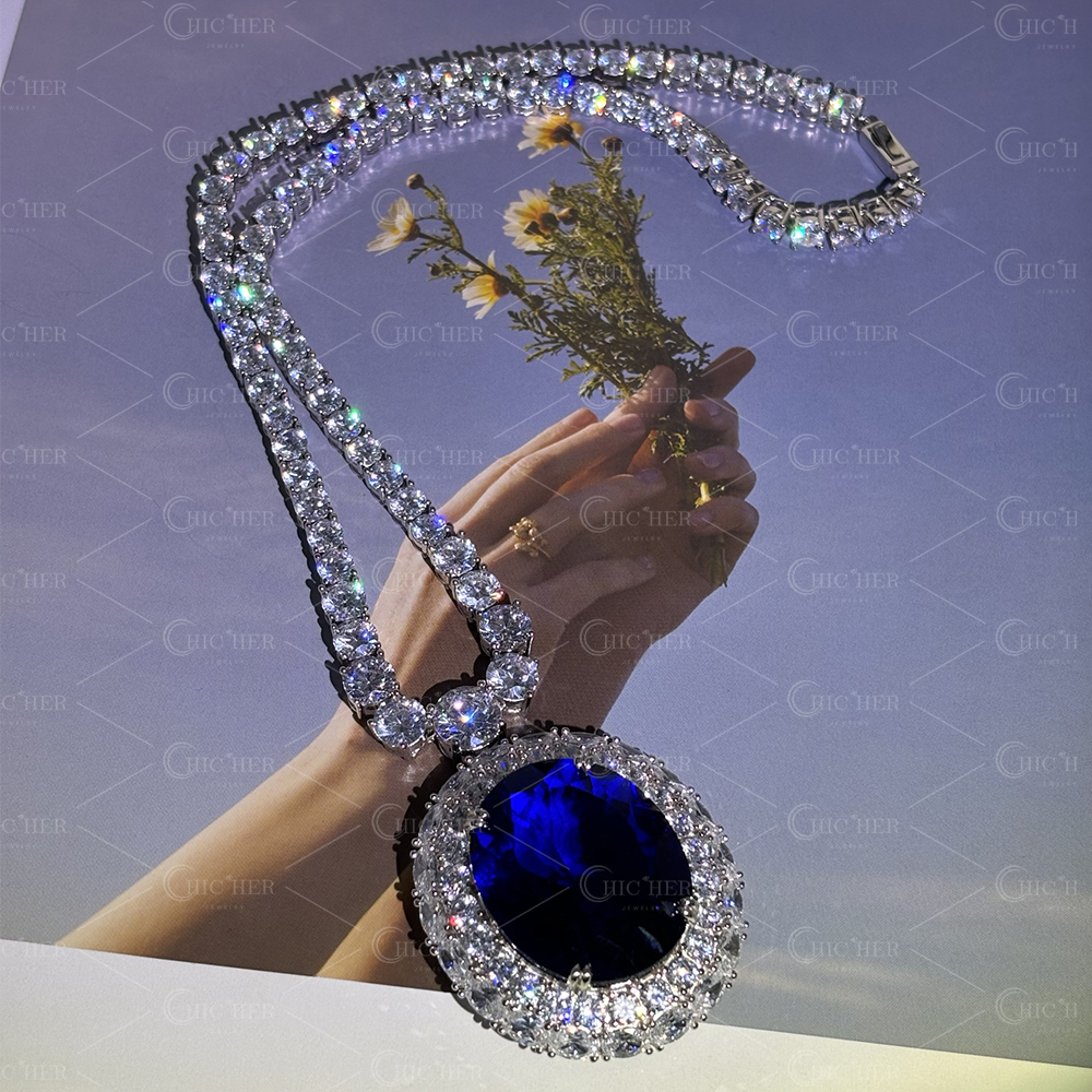 Oval Cut Blue Sapphire Pendant Necklace 