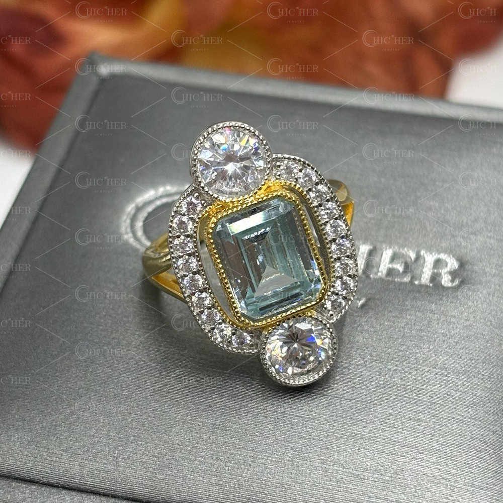 4ct Art Deco Design Emerald Cut Aquamarine Ring