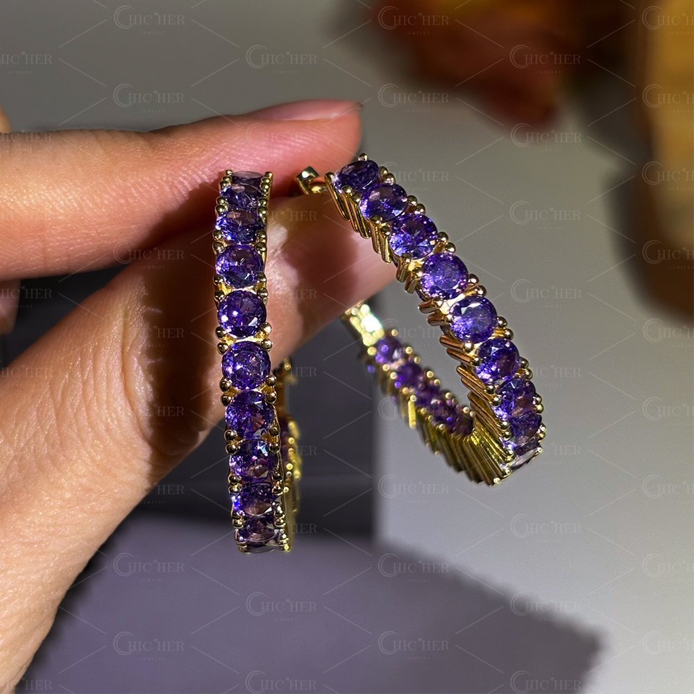 Round Cut Amethyst Sapphire Hoop Earrings