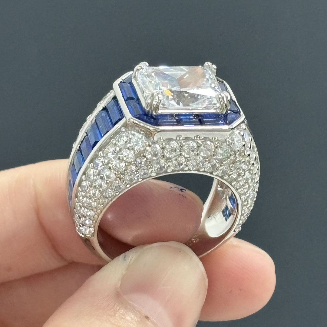 4ct Sapphire Halo Emerald Cut White Sapphire Men's Ring