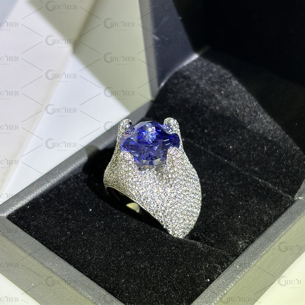 7ct Paved Setting Cushion Cut Blue Sapphire Cocktail Ring