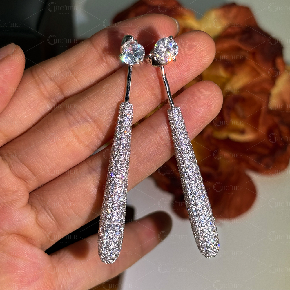 Stunning Round Brilliant Cut White Sapphire Dangle Earrings