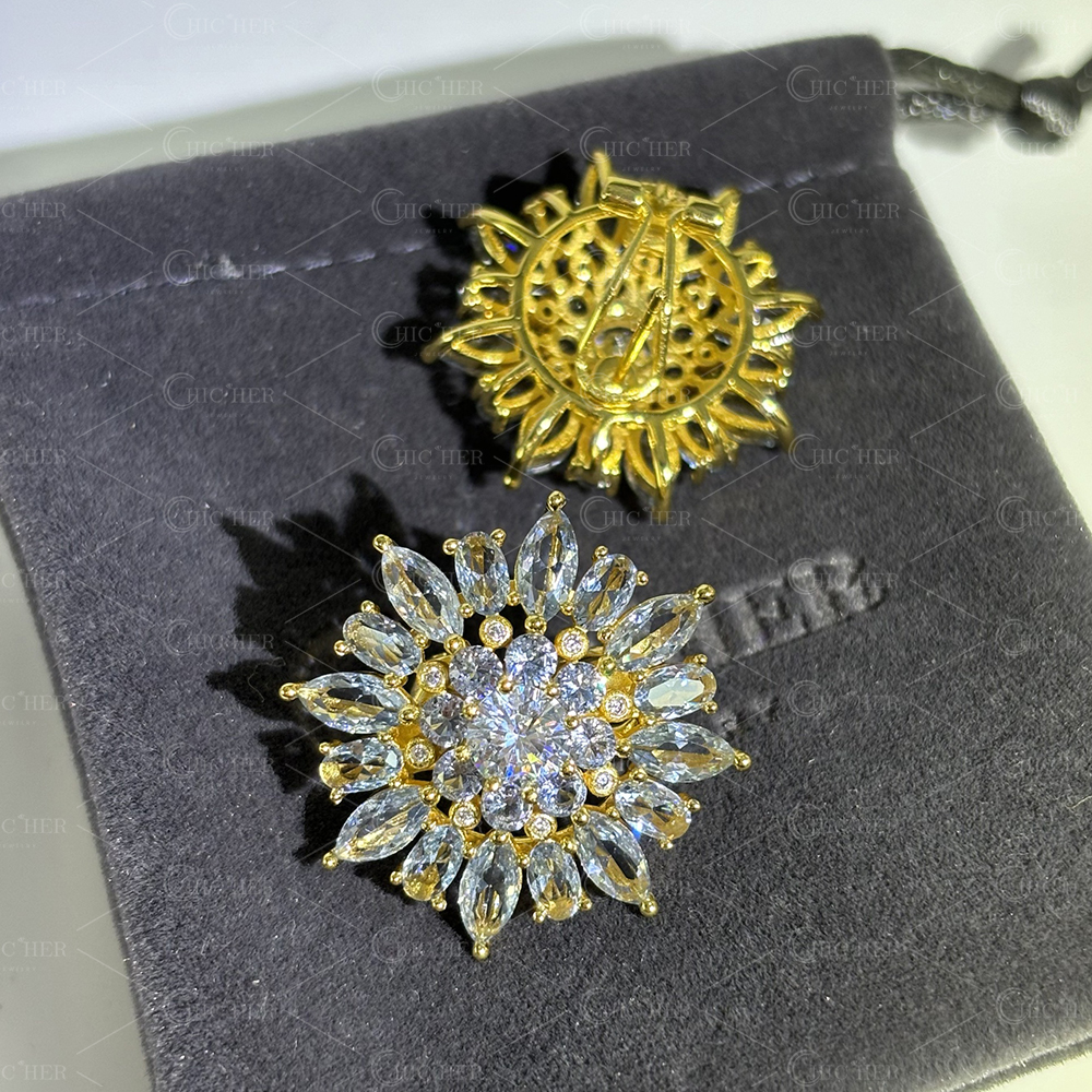 Sun Flower Aquamarine Sapphire Stud Earrings