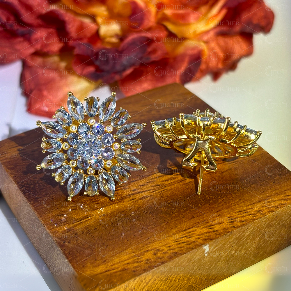 Sun Flower Aquamarine Sapphire Stud Earrings