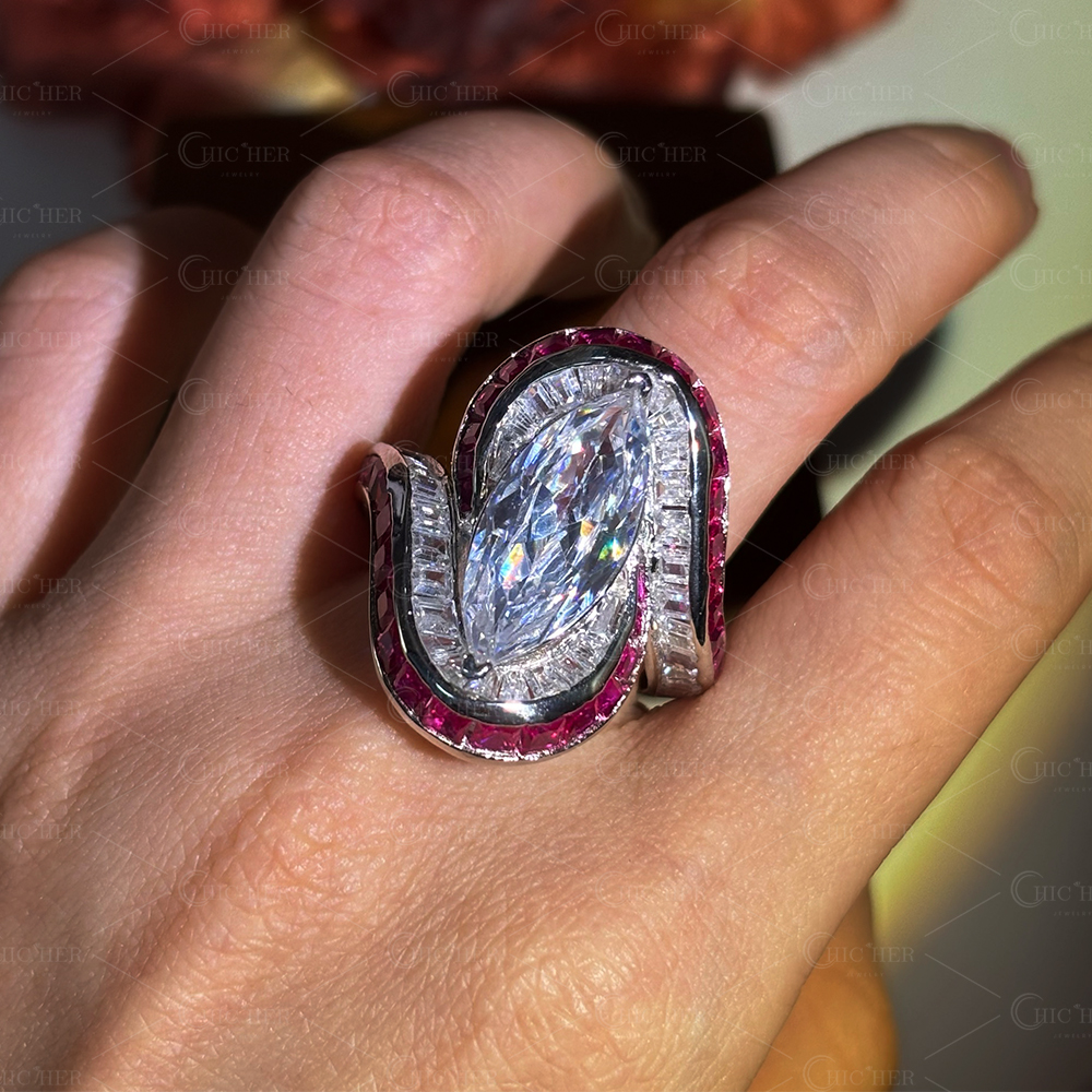 Invisible Setting 5ct Marquise Cut White Sapphire Swirling Ring