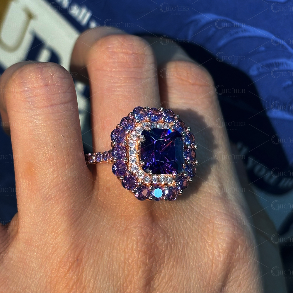 Double Halo 4ct Radiant Cut Amethyst Sapphire Engagement Ring