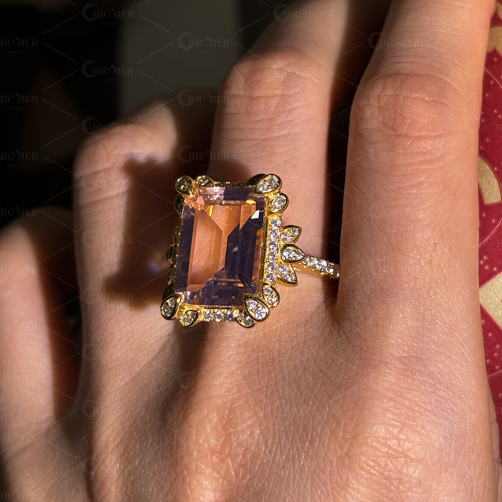 Halo 7ct Emerald Cut Pink Sapphire Engagement Ring