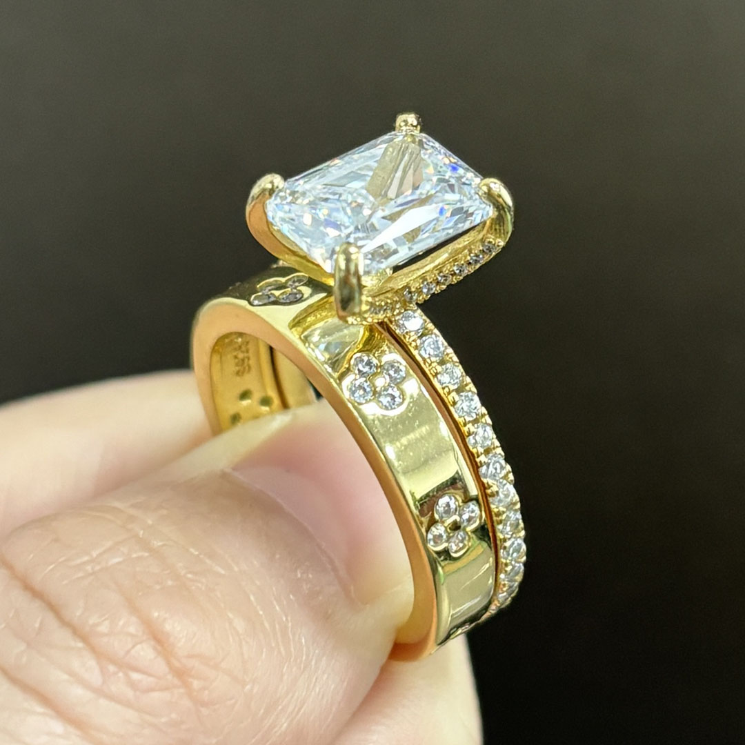 4ct Emerald Cut White Sapphire Bridal Set Rings/2pcs