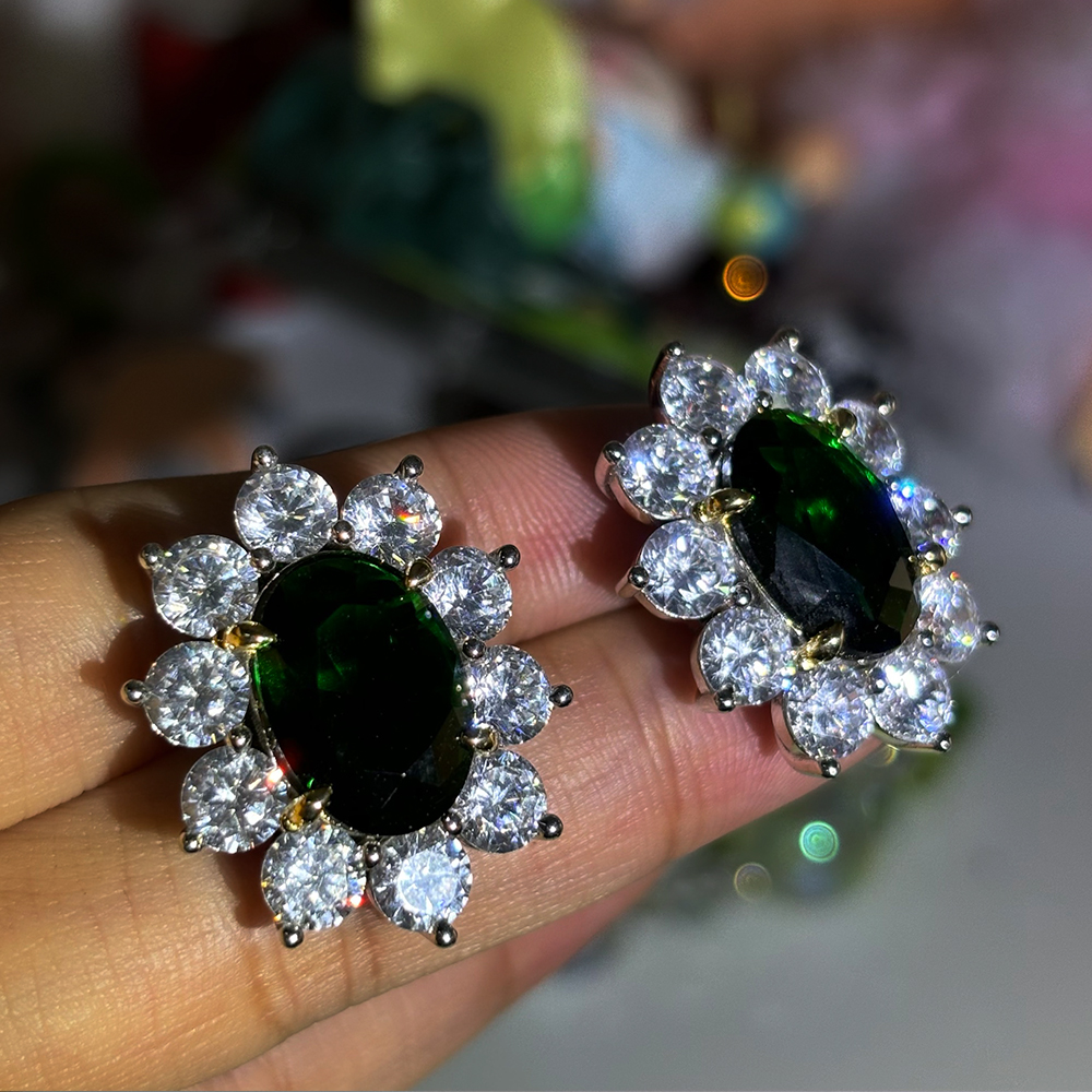 Halo Oval Cut Emerald Green Sapphire Stud Earrings