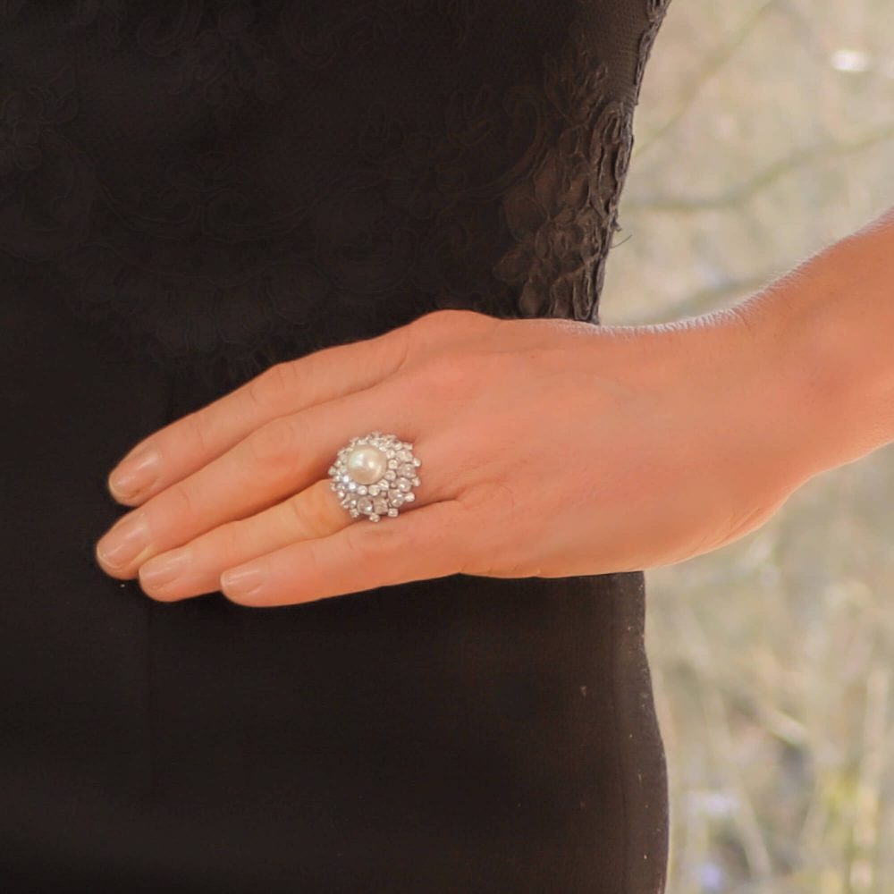 12mm Pearl Pear&Round Cut White Sapphire Cocktail Ring