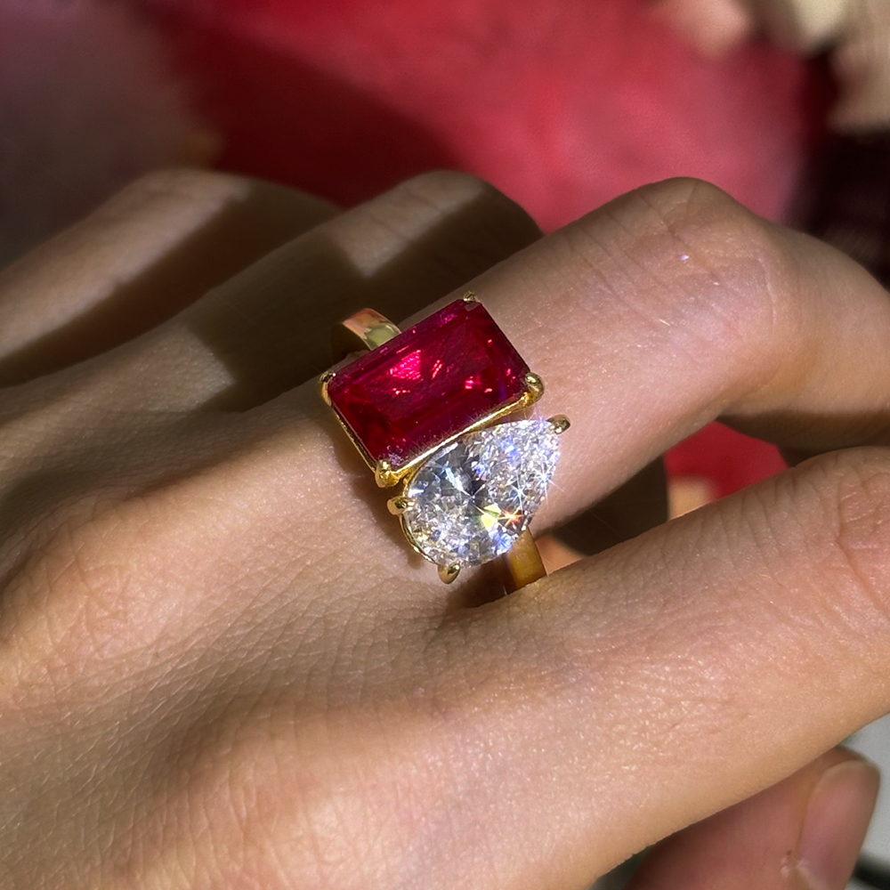 Toi et Moi 7ct Emerald&Pear Cut Ruby&White Sapphire Engagement Ring