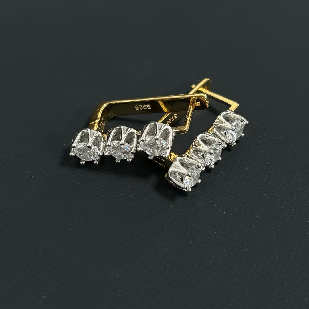 Three-stone Round Cut White Sapphire Dangle Earrings