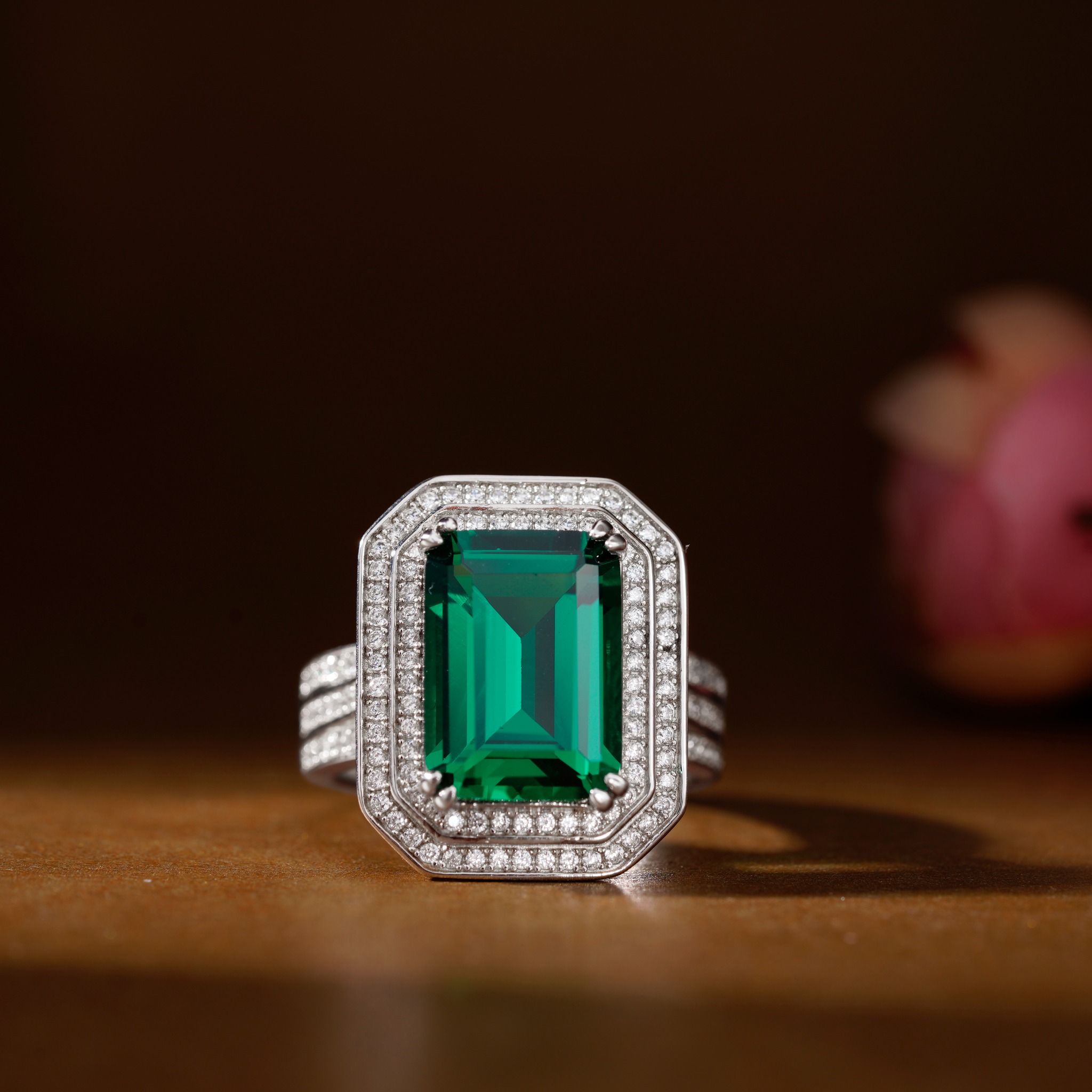 10ct Double Halo Emerald Cut Emerald Sapphire Engagement Ring