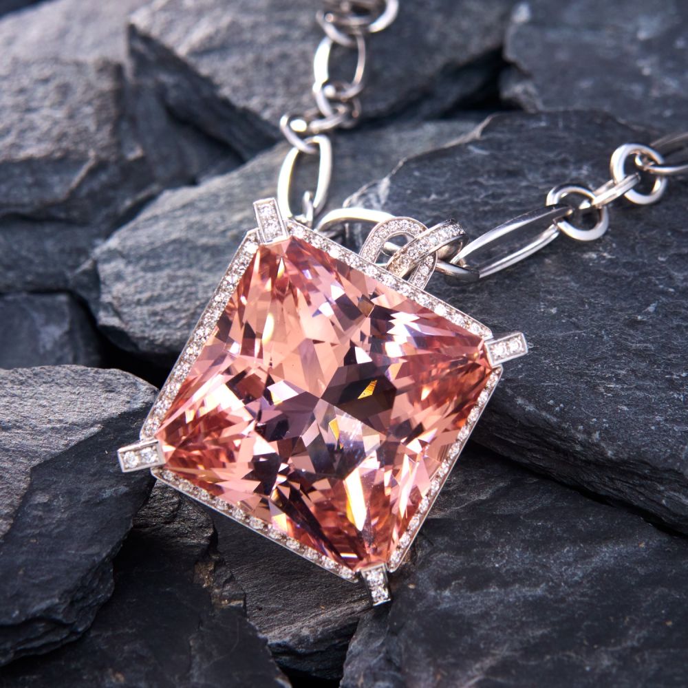 Halo Radiant Cut Morganite Pendant Necklace