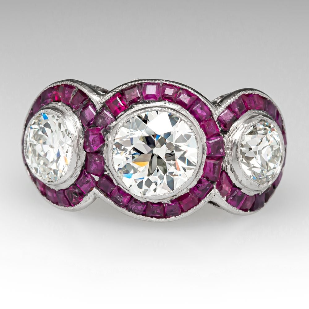 Art Deco Ruby Halo 5ct Round Cut White Sapphire Three Stone Ring