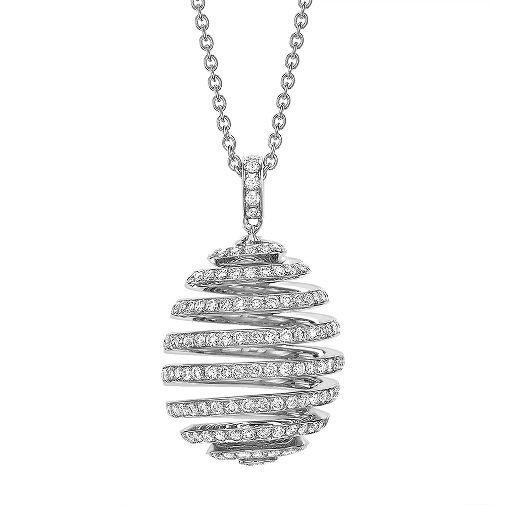 Round Cut White Sapphire Spiral Egg Pendant Necklace