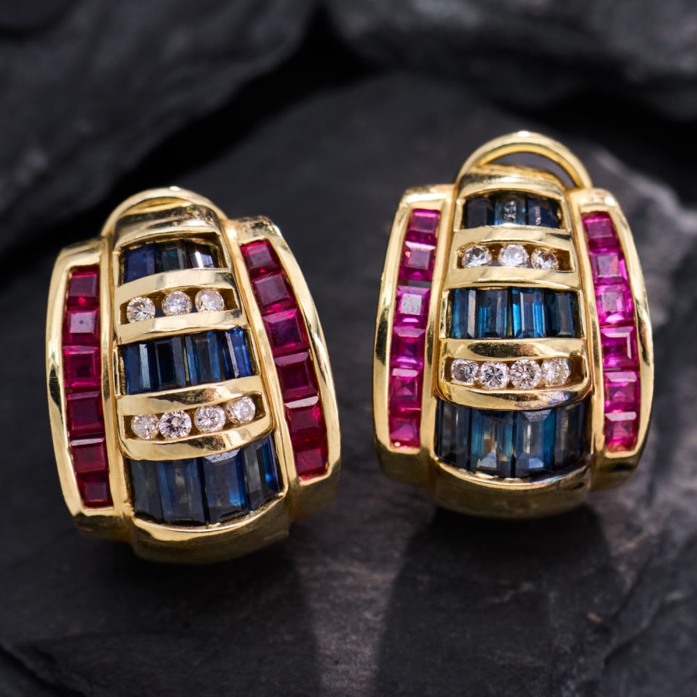 Three Tone Blue&Ruby&White Sapphire Hoop Earrings