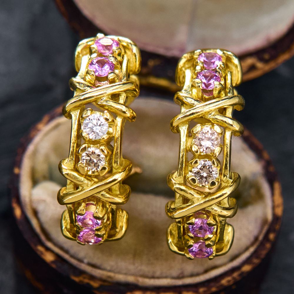 Two Tone Round Cut Pink&White Sapphire Hoop Earrings