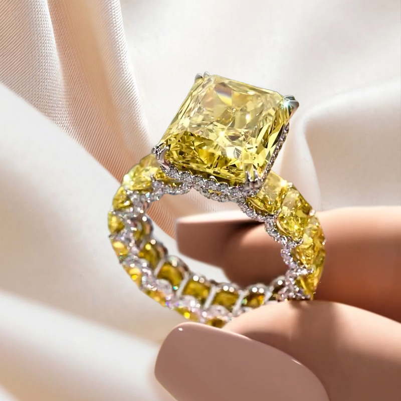6ct Under Halo Emerald Cut Yellow Sapphire Ring