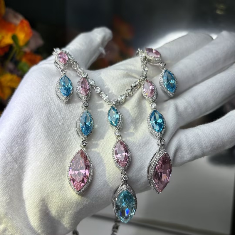 Marquise Cut Pink & Aquamarine Cascading Fringe Statement Necklace