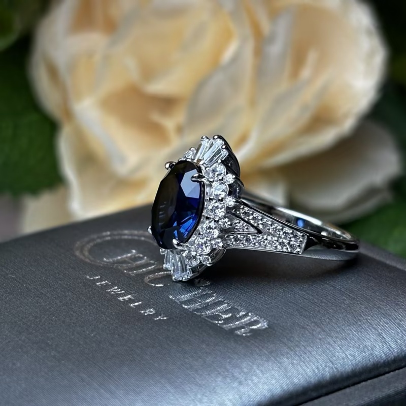 Original Design - 4ct Oval Cut Blue Sapphire & White Moissanite Engagement Ring
