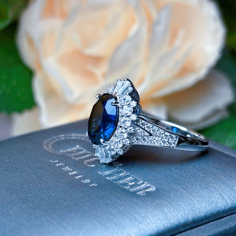 Original Design - 4ct Oval Cut Blue Sapphire & White Moissanite Engagement Ring