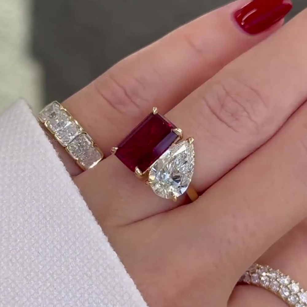 Toi et Moi 3ct Emerald&Pear Cut Ruby&White Sapphire Engagement Ring