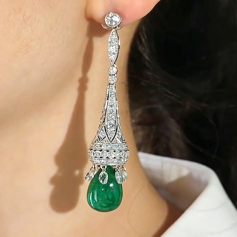 Occasion Pear Cut Emerald & Multi Cut White Sapphire Drop Earrings