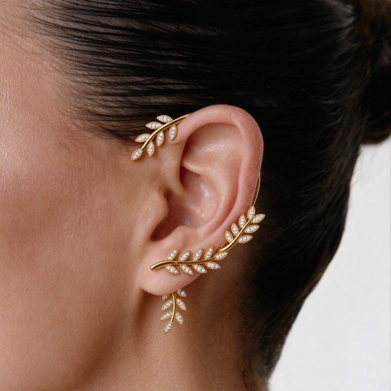 Round Cut White Sapphire Leaf Ear Climber Earrings - 1 Pair (2 Color Options)