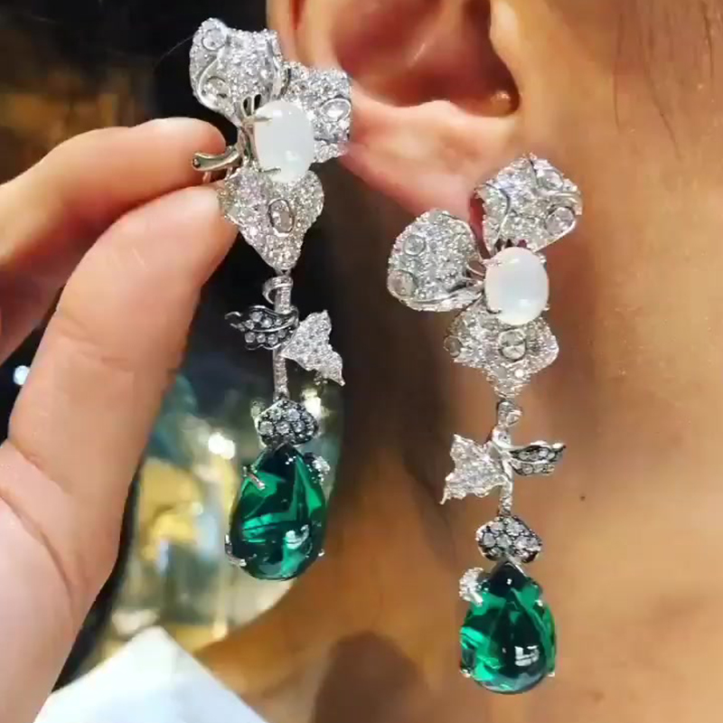 Pear Cut Emerald Sapphire & Opal Orchid Detachable Drop Earrings