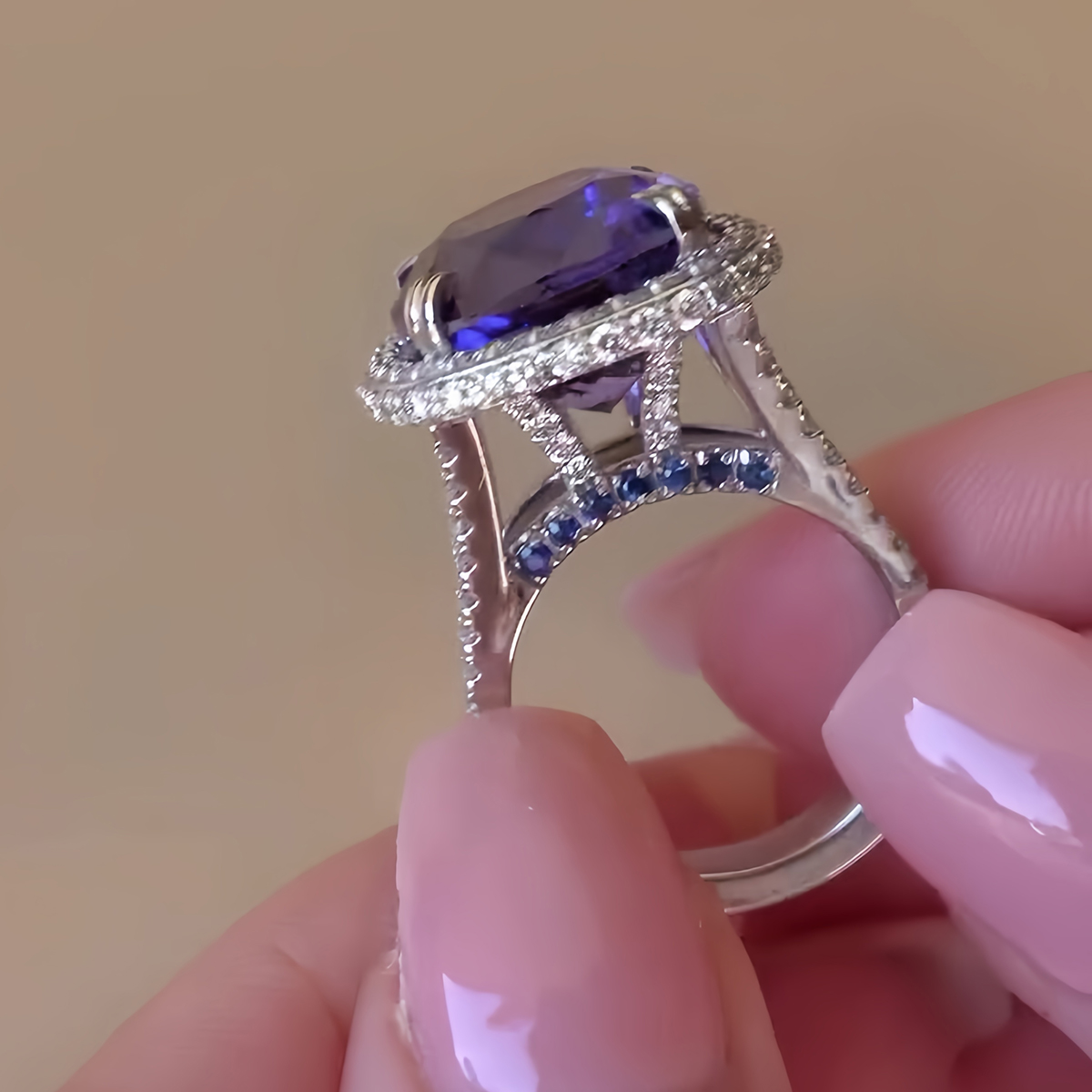 3.8ct Cushion Cut Purple Sapphire Halo Diamond Ring