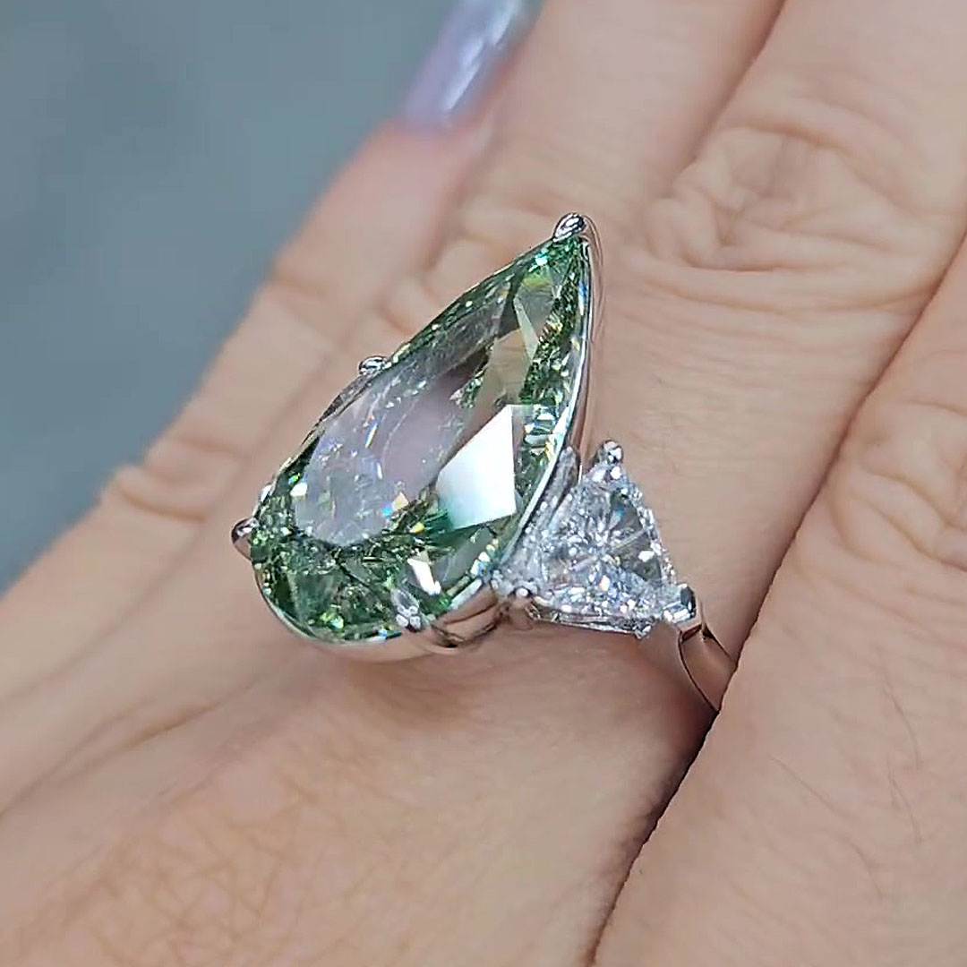 5ct Three-stone Pear Cut Green Ice Dapple Sapphire Engagement Ring