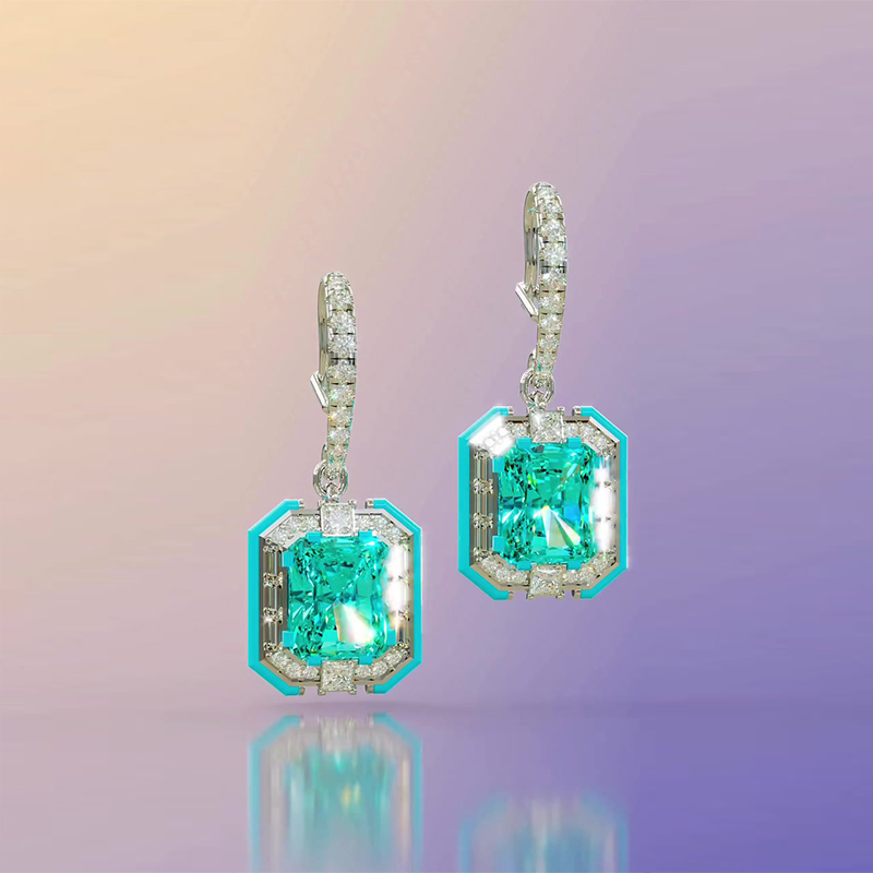 Emerald Cut Paraiba Tourmaline & White Sapphire Drop Earrings