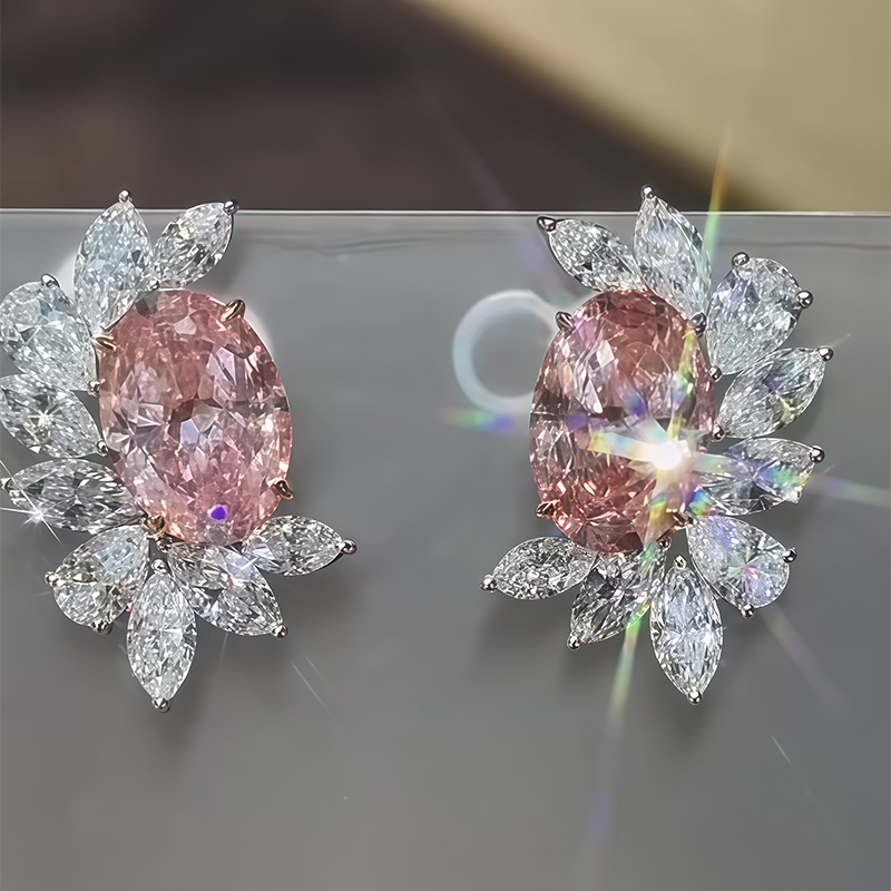 Halo Pink Sapphire Oval Cut Stud Earrings