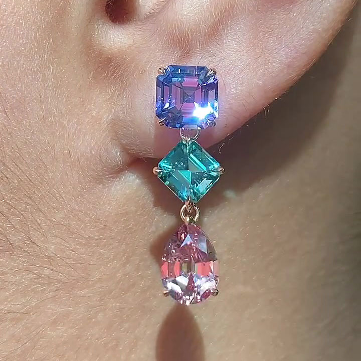 Multi-cut Amethyst&Aquamarine&Pink Sapphire Dangle Earrings