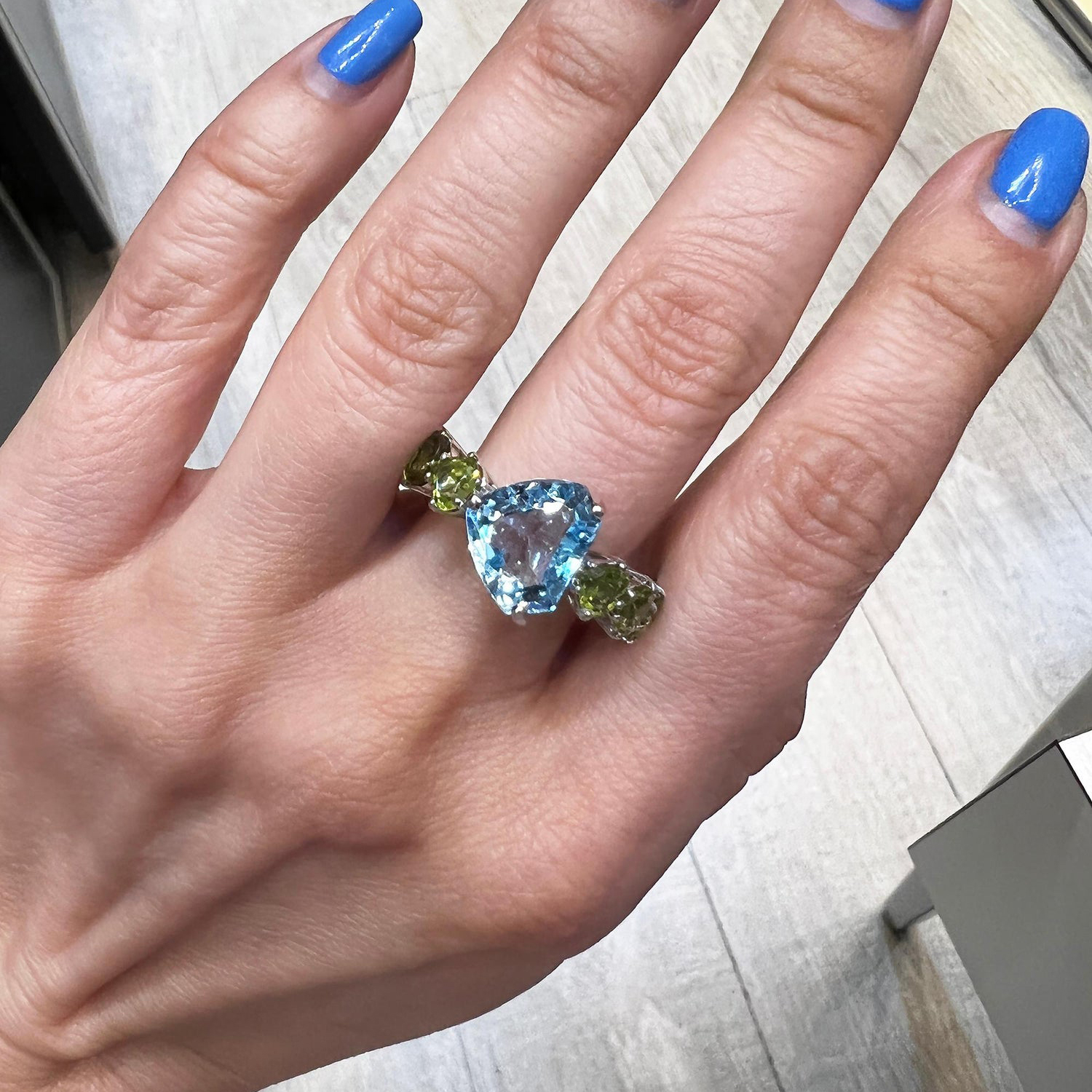 5ct Trillion Cut Aquamarine & Peridot Two-tone Ring