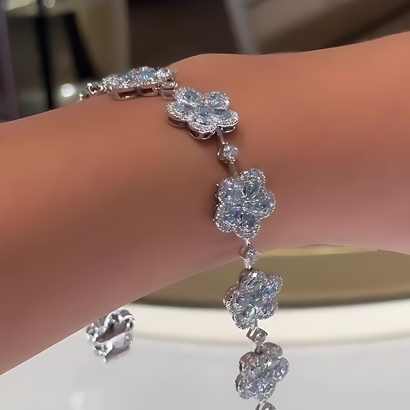 Fashion Pear Cut Aquamarine & Round Cut White Sapphire Floral Bracelet