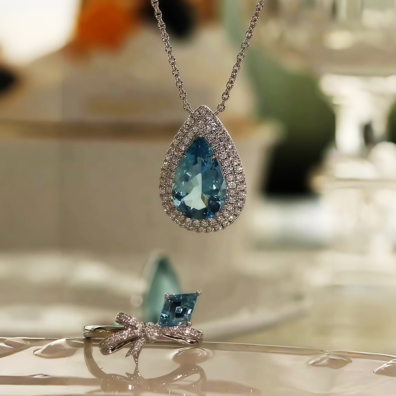 Ethereal Charming Sky Blue Aquamarine & White Sapphire Jewelry Set / 2 pieces