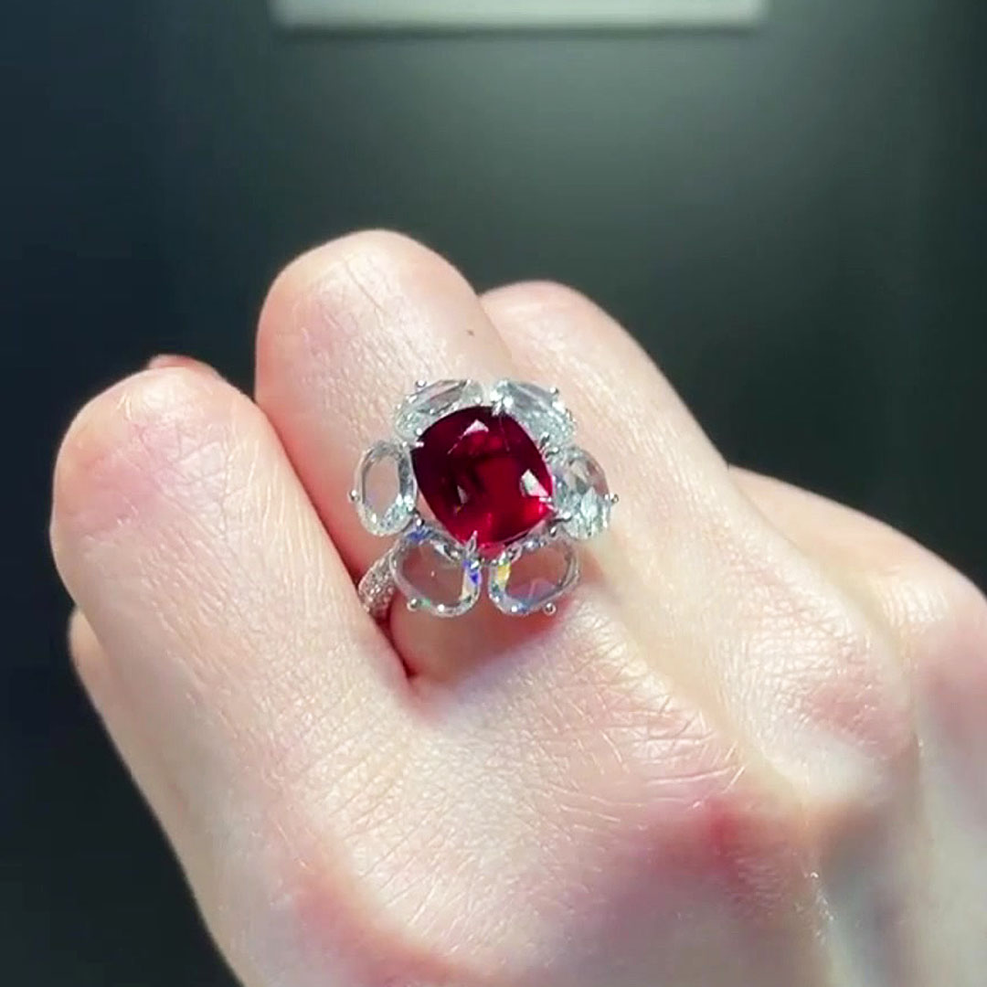 Floral Design 5ct Cushion Cut Ruby Sapphire Engagement Ring