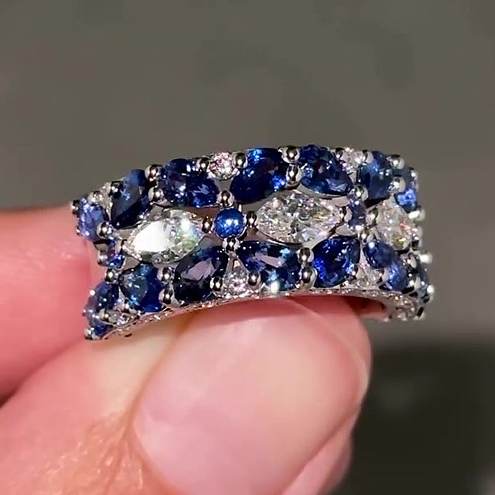 5.25ct Multi-Cut Blue&White Sapphire Wedding Band