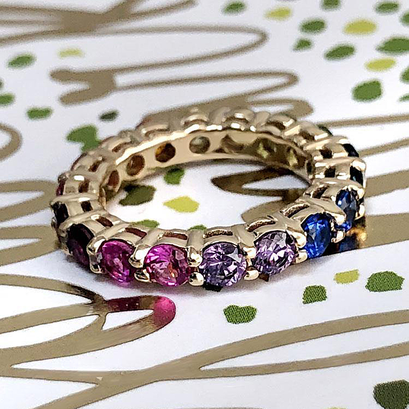 Classic 4.5ct Round Cut Rainbow Sapphire Eternity Ring