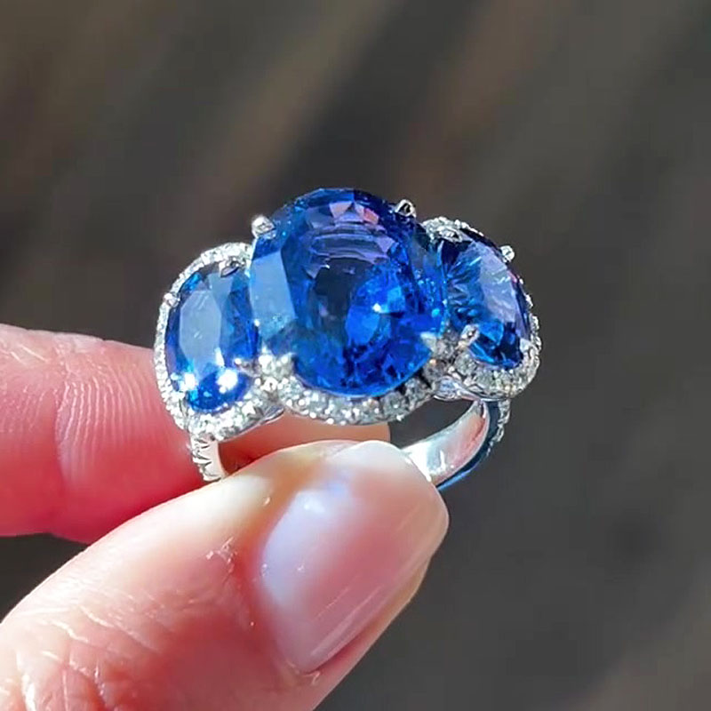 Fashion 7ct Three-stone Oval Cut Blue Sapphire Engagement Ring