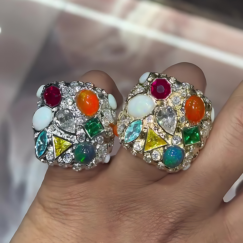 Multi-Gemstone Opal & Diamond Statement Cocktail Ring (Gold/Silver, Sold Individually)