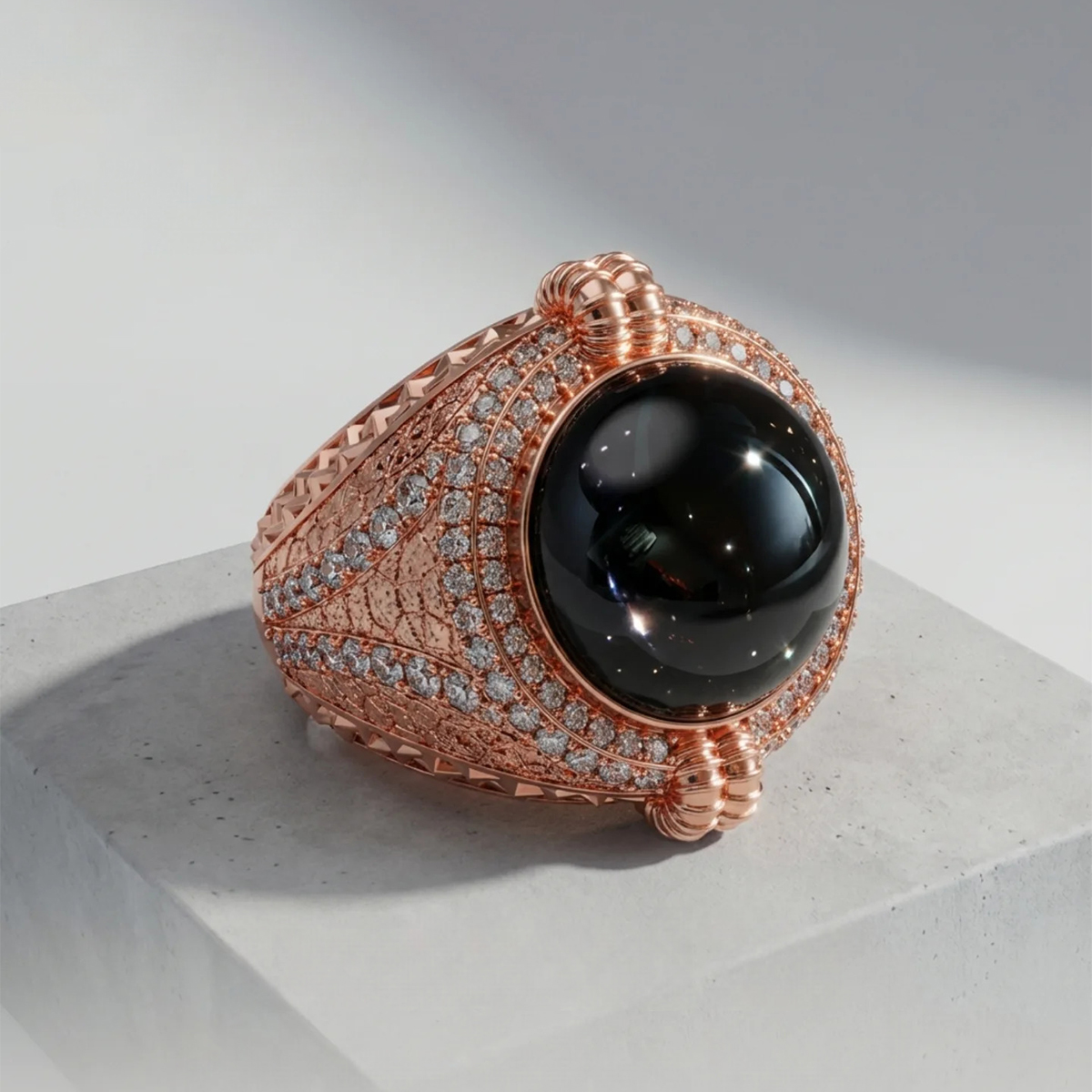 Vintage Filigree Rose Gold Black Onyx & White Sapphire Men's Ring