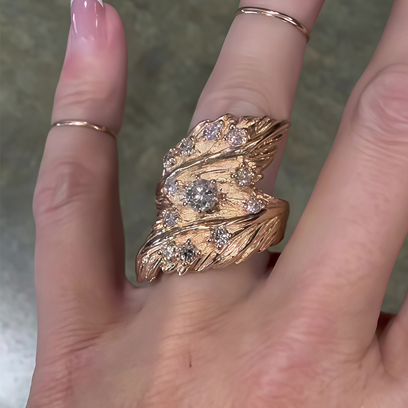 Textured Leaf Cluster Round Cut White Sapphire Band