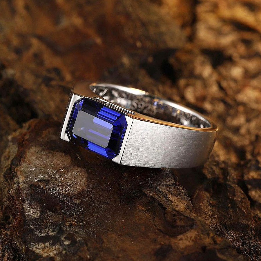 5ct Emerald Cut Blue Sapphire Men's Engagement Ring