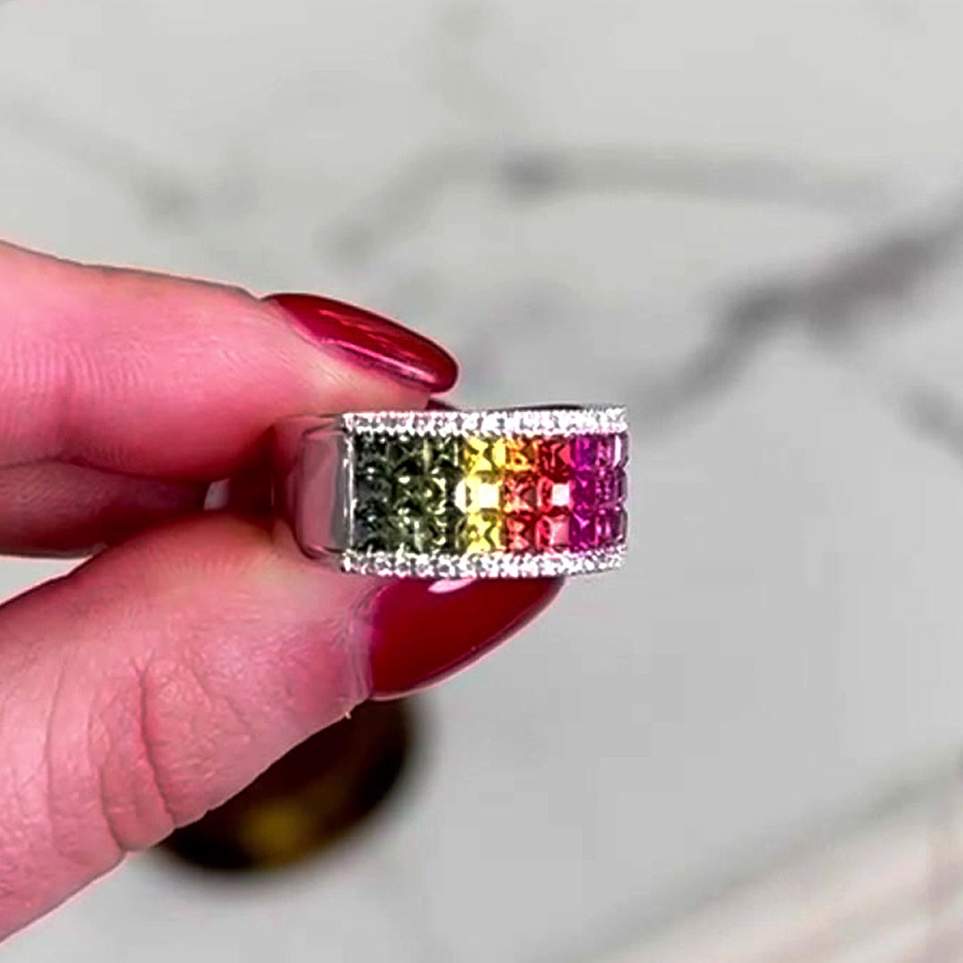 3.25ct Three Row Princess Cut Rainbow Sapphire Eternity Ring